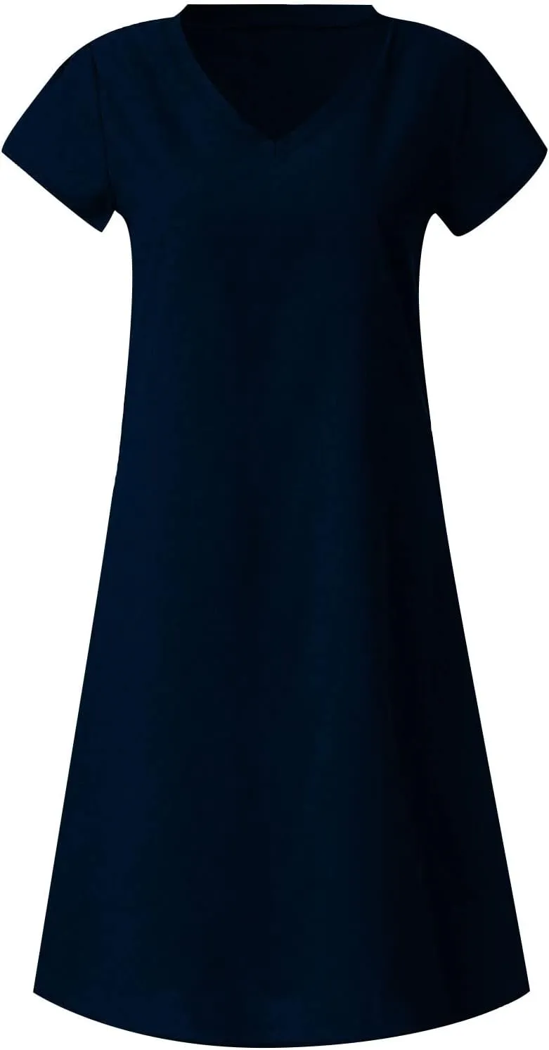 Linen Dresses for Women 2025 Short Sleeve Knee Length Midi Dresses Lightweight Summer Beach Vacation Clothes