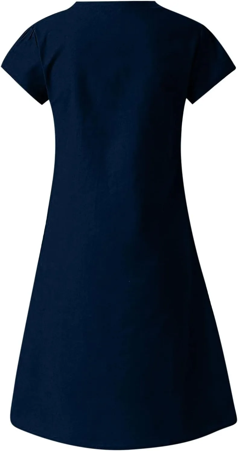 Linen Dresses for Women 2025 Short Sleeve Knee Length Midi Dresses Lightweight Summer Beach Vacation Clothes