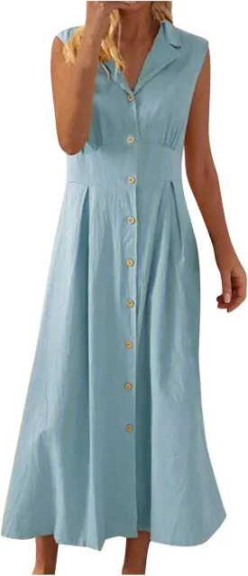 Maxi Dresses for Women 2025 Button Down Cotton Linen Dress Sleeveless Drop Waist Long Vacation Beach Sundresses
