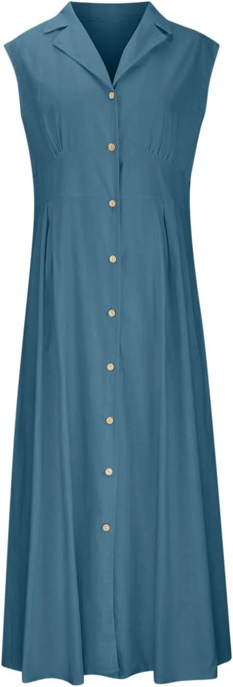 Maxi Dresses for Women 2025 Button Down Cotton Linen Dress Sleeveless Drop Waist Long Vacation Beach Sundresses