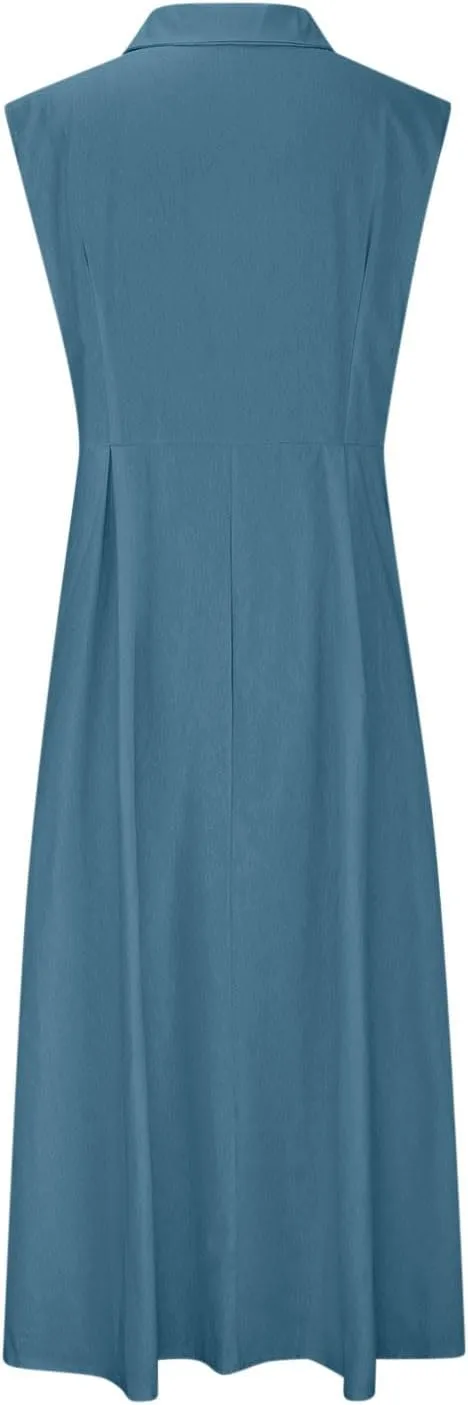 Maxi Dresses for Women 2025 Button Down Cotton Linen Dress Sleeveless Drop Waist Long Vacation Beach Sundresses