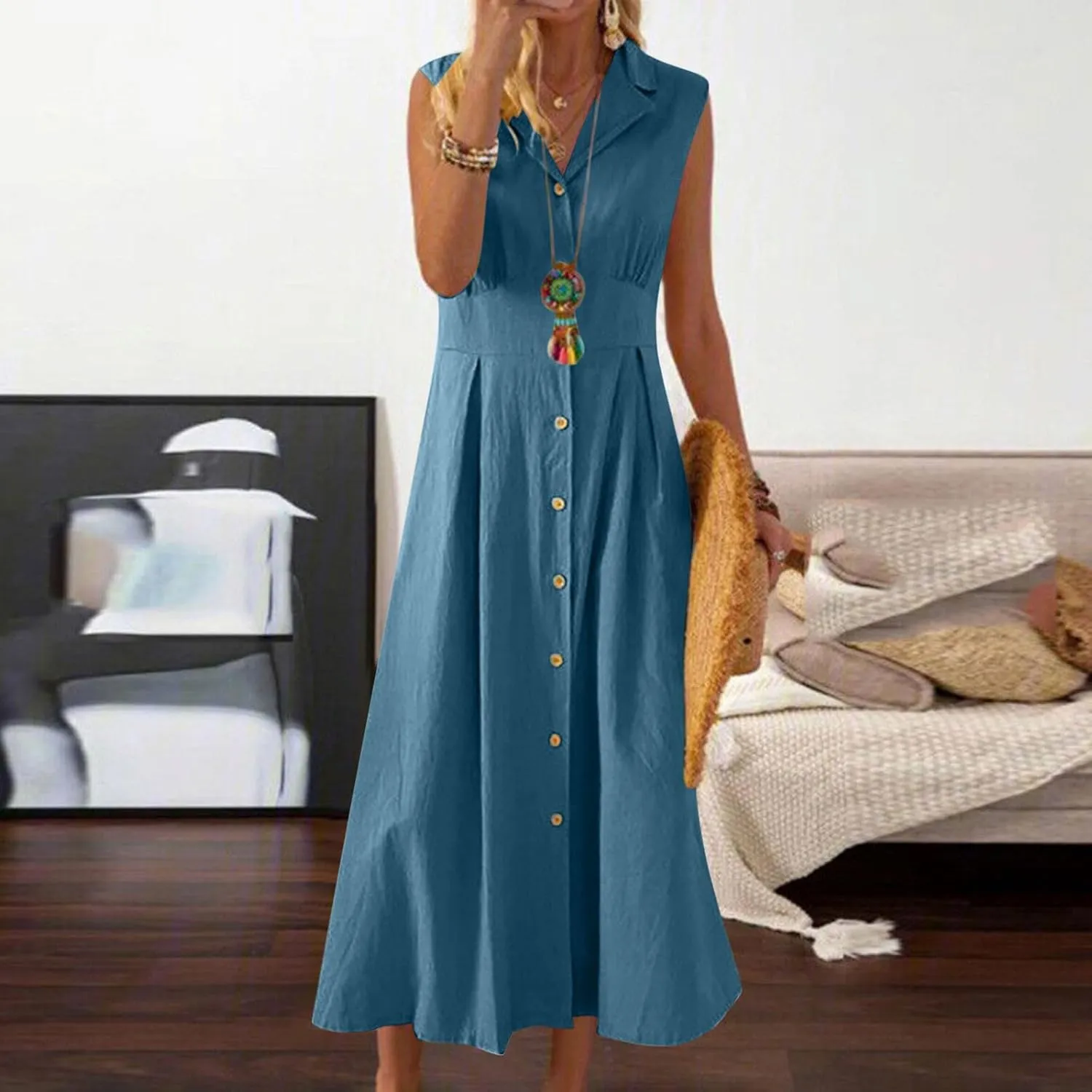 Maxi Dresses for Women 2025 Button Down Cotton Linen Dress Sleeveless Drop Waist Long Vacation Beach Sundresses