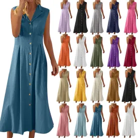 Maxi Dresses for Women 2025 Button Down Cotton Linen Dress Sleeveless Drop Waist Long Vacation Beach Sundresses