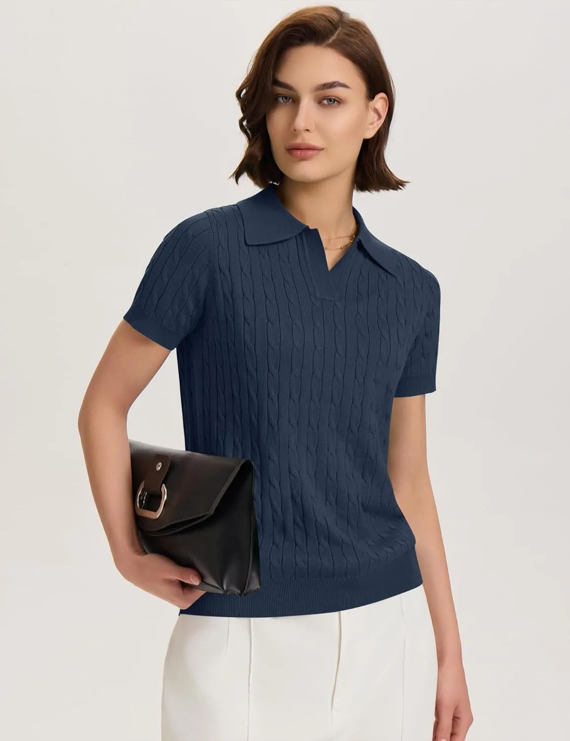 Micoson Womens Short Sleeve Sweater Tops Lapel V Neck Loose Shirts 2025 Summer Cable Knit Business Casual Outfits