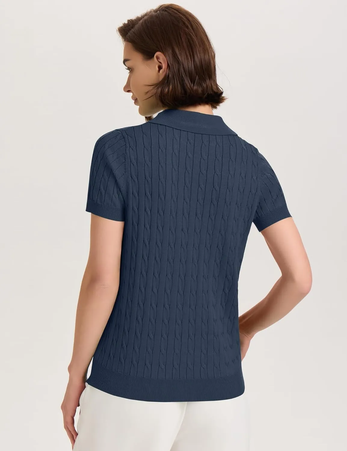 Micoson Womens Short Sleeve Sweater Tops Lapel V Neck Loose Shirts 2025 Summer Cable Knit Business Casual Outfits