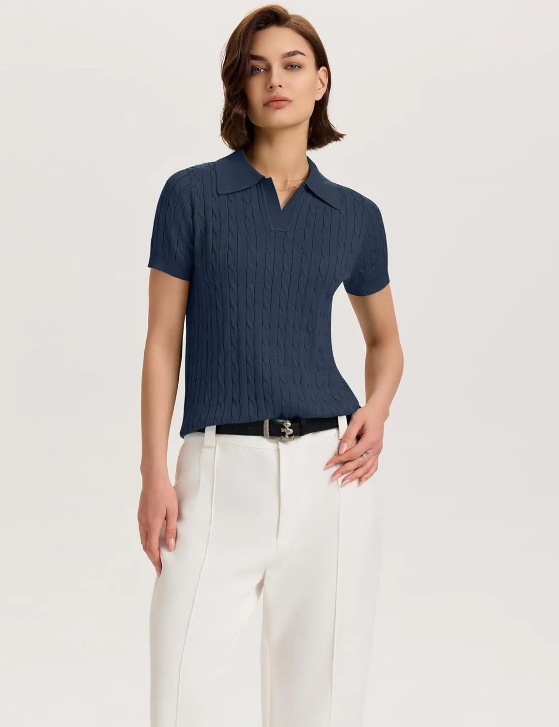 Micoson Womens Short Sleeve Sweater Tops Lapel V Neck Loose Shirts 2025 Summer Cable Knit Business Casual Outfits