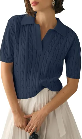 Micoson Womens Short Sleeve Sweater Tops Lapel V Neck Loose Shirts 2025 Summer Cable Knit Business Casual Outfits