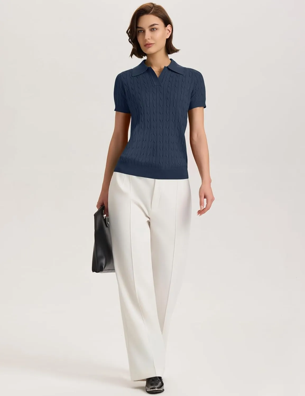 Micoson Womens Short Sleeve Sweater Tops Lapel V Neck Loose Shirts 2025 Summer Cable Knit Business Casual Outfits