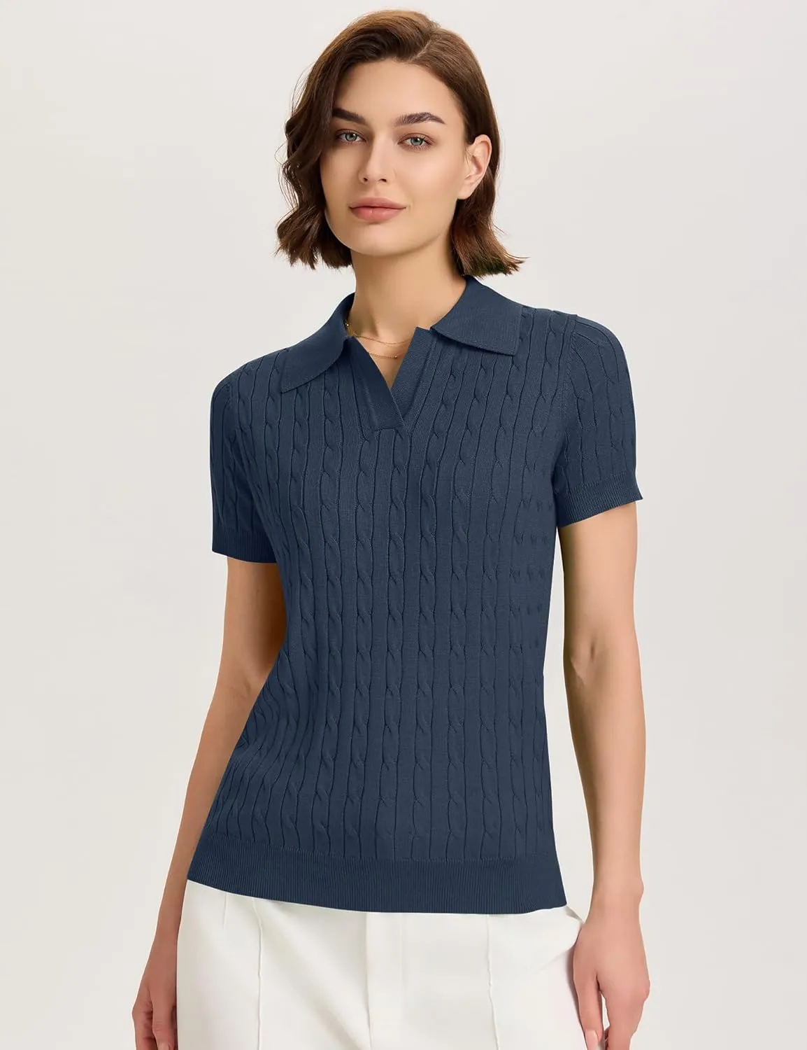 Micoson Womens Short Sleeve Sweater Tops Lapel V Neck Loose Shirts 2025 Summer Cable Knit Business Casual Outfits
