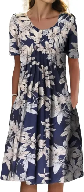 Midi Dresses for Women Boho Floral Print Summer Sundress Crew Neck Short Sleeve T Shirt Dress Tunic Flowy Beach Dress