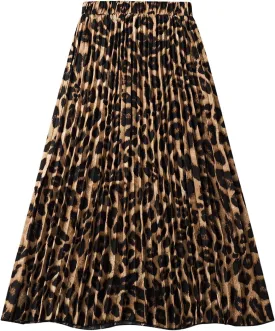 Milumia Women's Leopard Print Elastic High Waist Pleated A Line Long Skirts