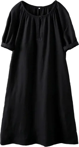 Minibee Women's Cotton Linen Dress Short Sleeve Midi Casual Plus Size Tunic Dress with Pockets