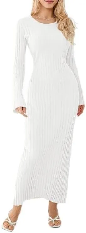 Muineobuka Knitted Long Sleeve Maxi Dress for Women A-Line Bodycon Ribbed Knit Crochet Long Dresses Fall Winter Sweater Dress