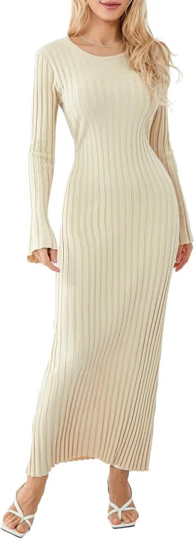 Muineobuka Knitted Long Sleeve Maxi Dress for Women A-Line Bodycon Ribbed Knit Crochet Long Dresses Fall Winter Sweater Dress