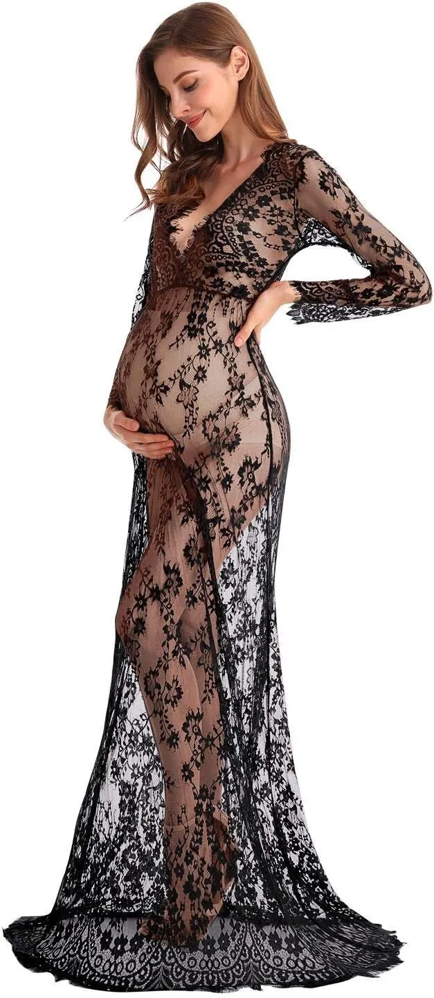 MYRISAM Boudoir Maternity Long Sleeve Lace Dress Women Deep V-Neck Wedding Party Long Dress Milk Bath Photoshoot Gown