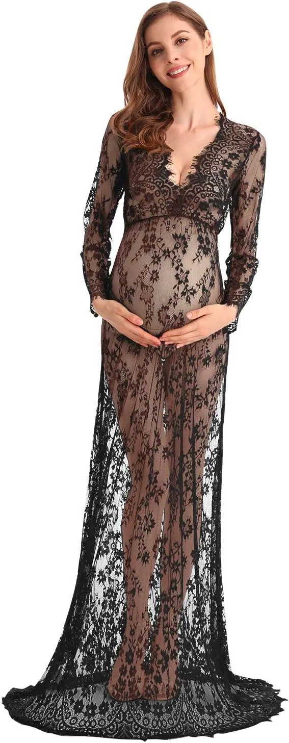 MYRISAM Boudoir Maternity Long Sleeve Lace Dress Women Deep V-Neck Wedding Party Long Dress Milk Bath Photoshoot Gown