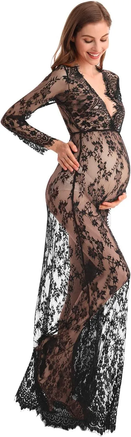 MYRISAM Boudoir Maternity Long Sleeve Lace Dress Women Deep V-Neck Wedding Party Long Dress Milk Bath Photoshoot Gown
