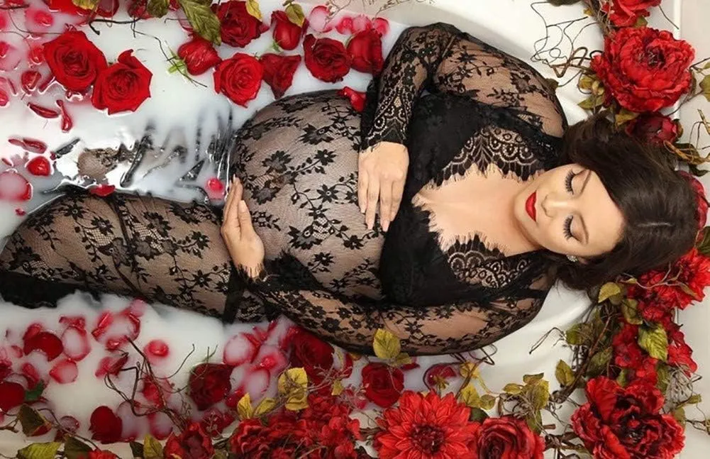 MYRISAM Boudoir Maternity Long Sleeve Lace Dress Women Deep V-Neck Wedding Party Long Dress Milk Bath Photoshoot Gown