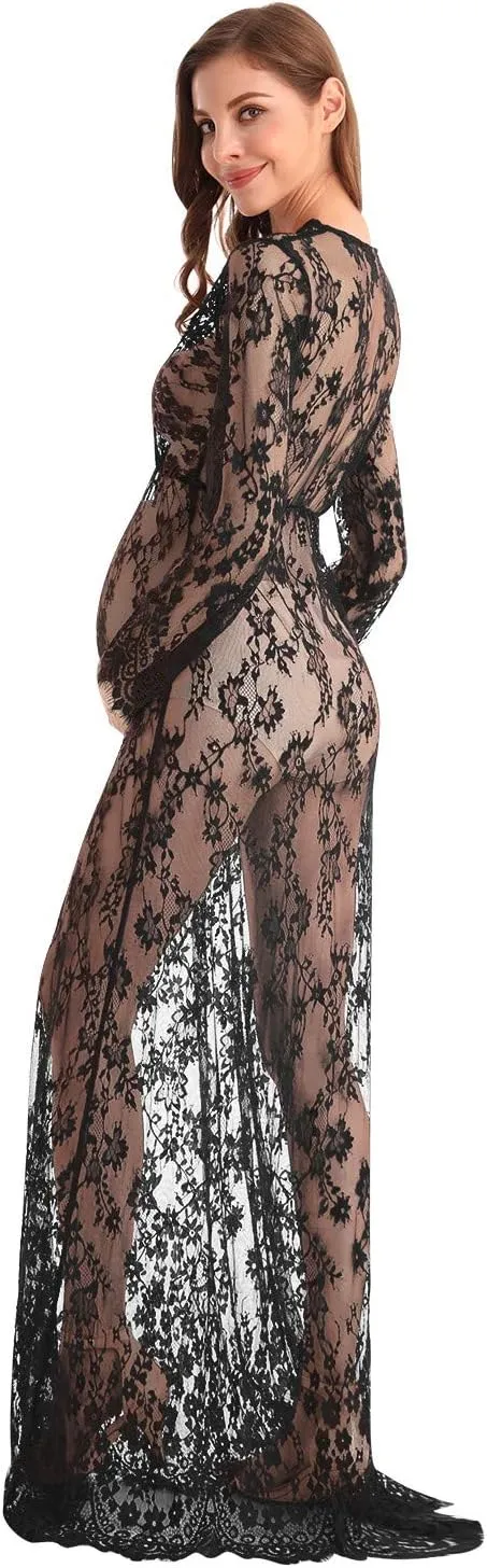 MYRISAM Boudoir Maternity Long Sleeve Lace Dress Women Deep V-Neck Wedding Party Long Dress Milk Bath Photoshoot Gown