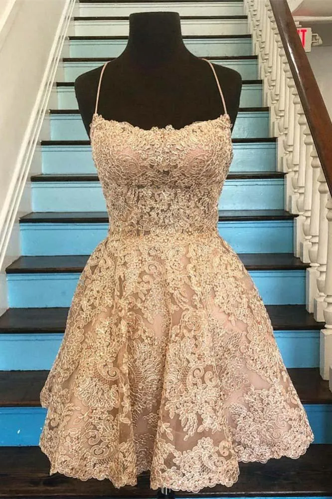 Newest Spaghetti Straps Lace Homecoming Dresses, Lace Short Prom Dresses UQ1874