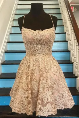 Newest Spaghetti Straps Lace Homecoming Dresses, Lace Short Prom Dresses UQ1874