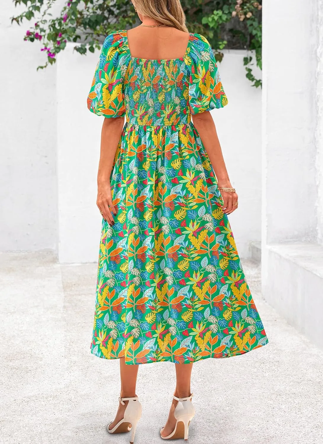 Okiwam Womens Summer Dresses 2025 Spring Floral Maxi Sundress Puff Sleeve Smocked Flowy Beach Vacation Wedding Guest Dress