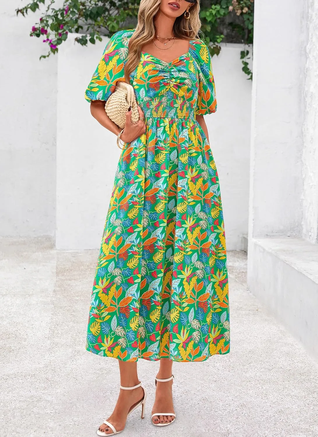 Okiwam Womens Summer Dresses 2025 Spring Floral Maxi Sundress Puff Sleeve Smocked Flowy Beach Vacation Wedding Guest Dress