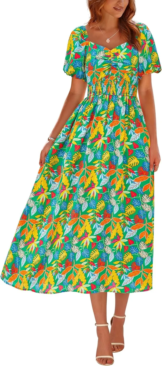 Okiwam Womens Summer Dresses 2025 Spring Floral Maxi Sundress Puff Sleeve Smocked Flowy Beach Vacation Wedding Guest Dress