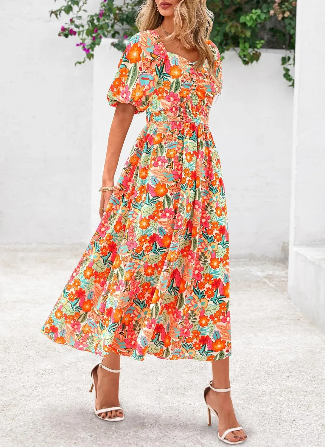 Okiwam Womens Summer Dresses 2025 Spring Floral Maxi Sundress Puff Sleeve Smocked Flowy Beach Vacation Wedding Guest Dress