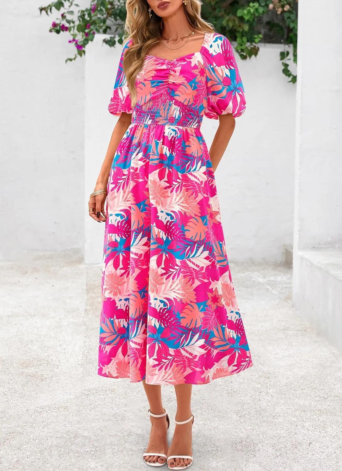 Okiwam Womens Summer Dresses 2025 Spring Floral Maxi Sundress Puff Sleeve Smocked Flowy Beach Vacation Wedding Guest Dress