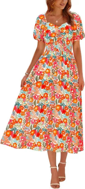 Okiwam Womens Summer Dresses 2025 Spring Floral Maxi Sundress Puff Sleeve Smocked Flowy Beach Vacation Wedding Guest Dress