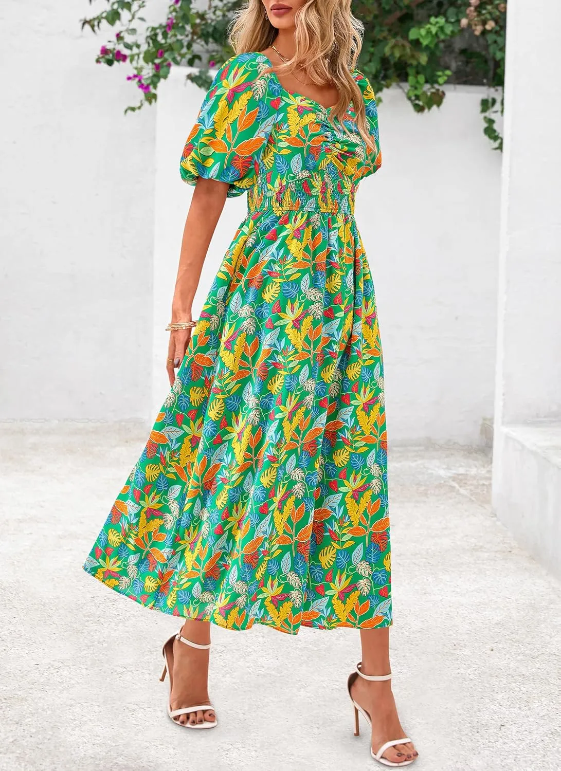 Okiwam Womens Summer Dresses 2025 Spring Floral Maxi Sundress Puff Sleeve Smocked Flowy Beach Vacation Wedding Guest Dress