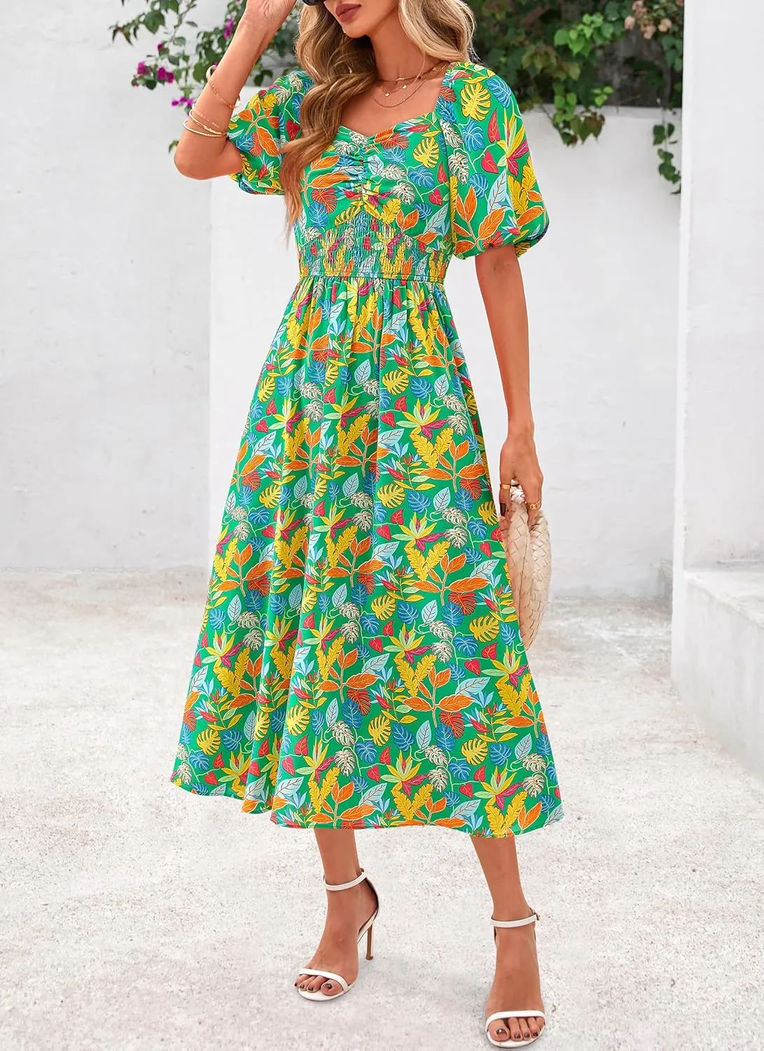 Okiwam Womens Summer Dresses 2025 Spring Floral Maxi Sundress Puff Sleeve Smocked Flowy Beach Vacation Wedding Guest Dress