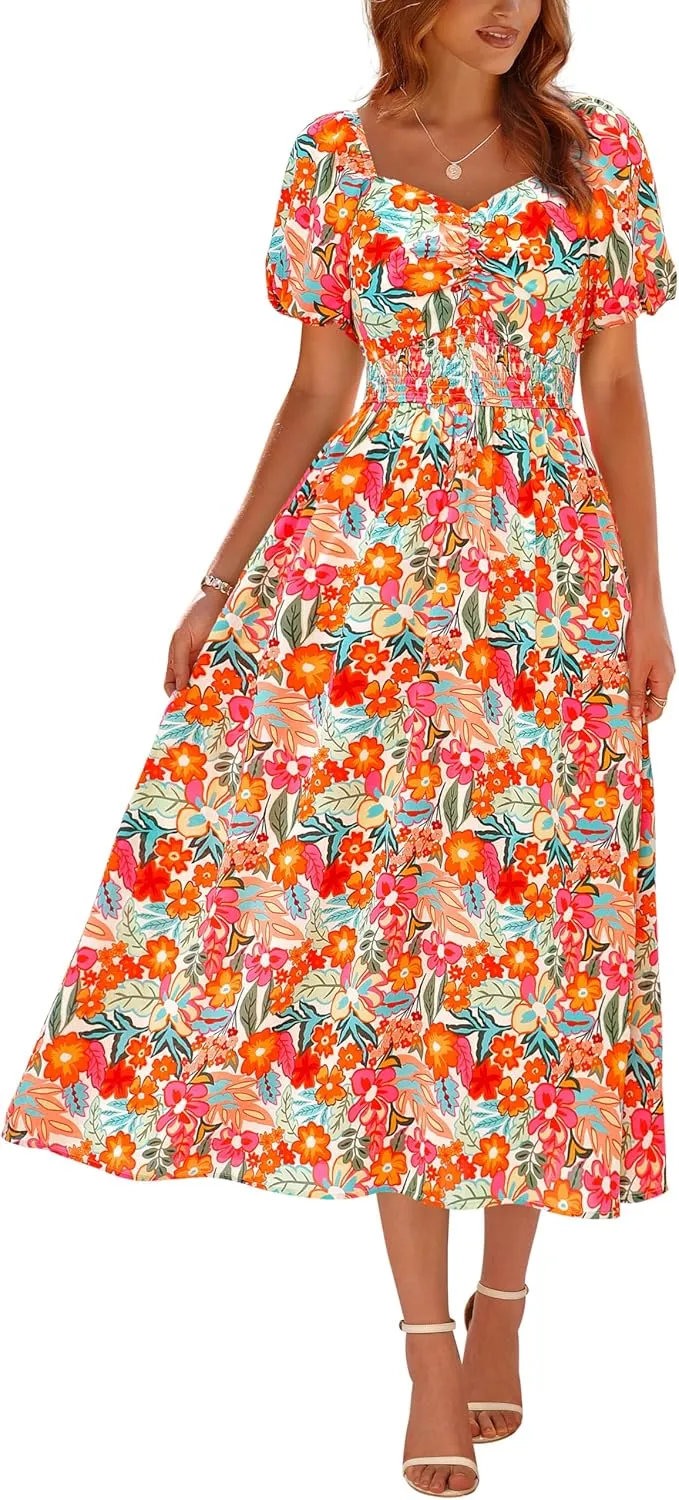 Okiwam Womens Summer Dresses 2025 Spring Floral Maxi Sundress Puff Sleeve Smocked Flowy Beach Vacation Wedding Guest Dress