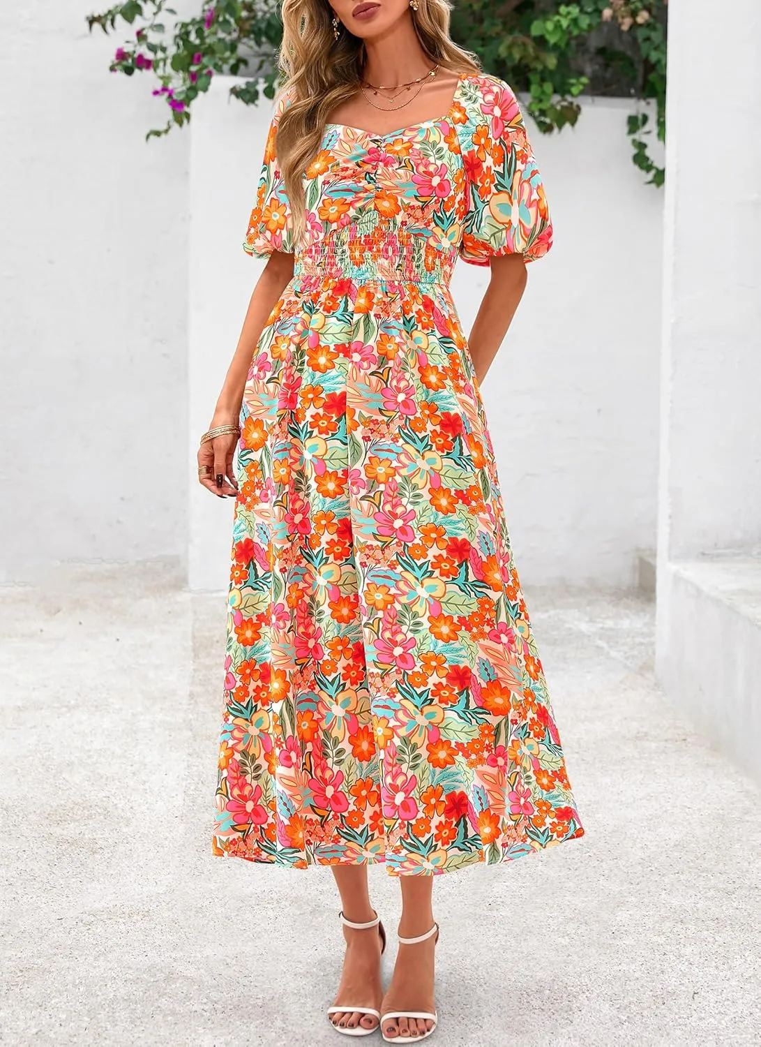 Okiwam Womens Summer Dresses 2025 Spring Floral Maxi Sundress Puff Sleeve Smocked Flowy Beach Vacation Wedding Guest Dress