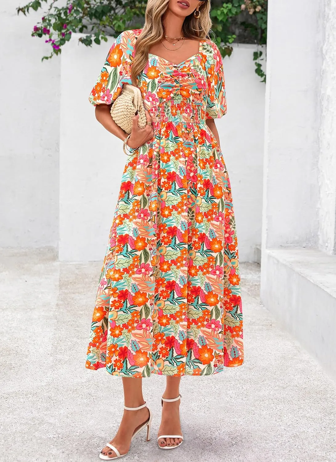 Okiwam Womens Summer Dresses 2025 Spring Floral Maxi Sundress Puff Sleeve Smocked Flowy Beach Vacation Wedding Guest Dress