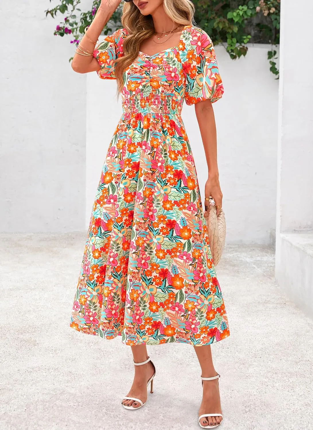 Okiwam Womens Summer Dresses 2025 Spring Floral Maxi Sundress Puff Sleeve Smocked Flowy Beach Vacation Wedding Guest Dress