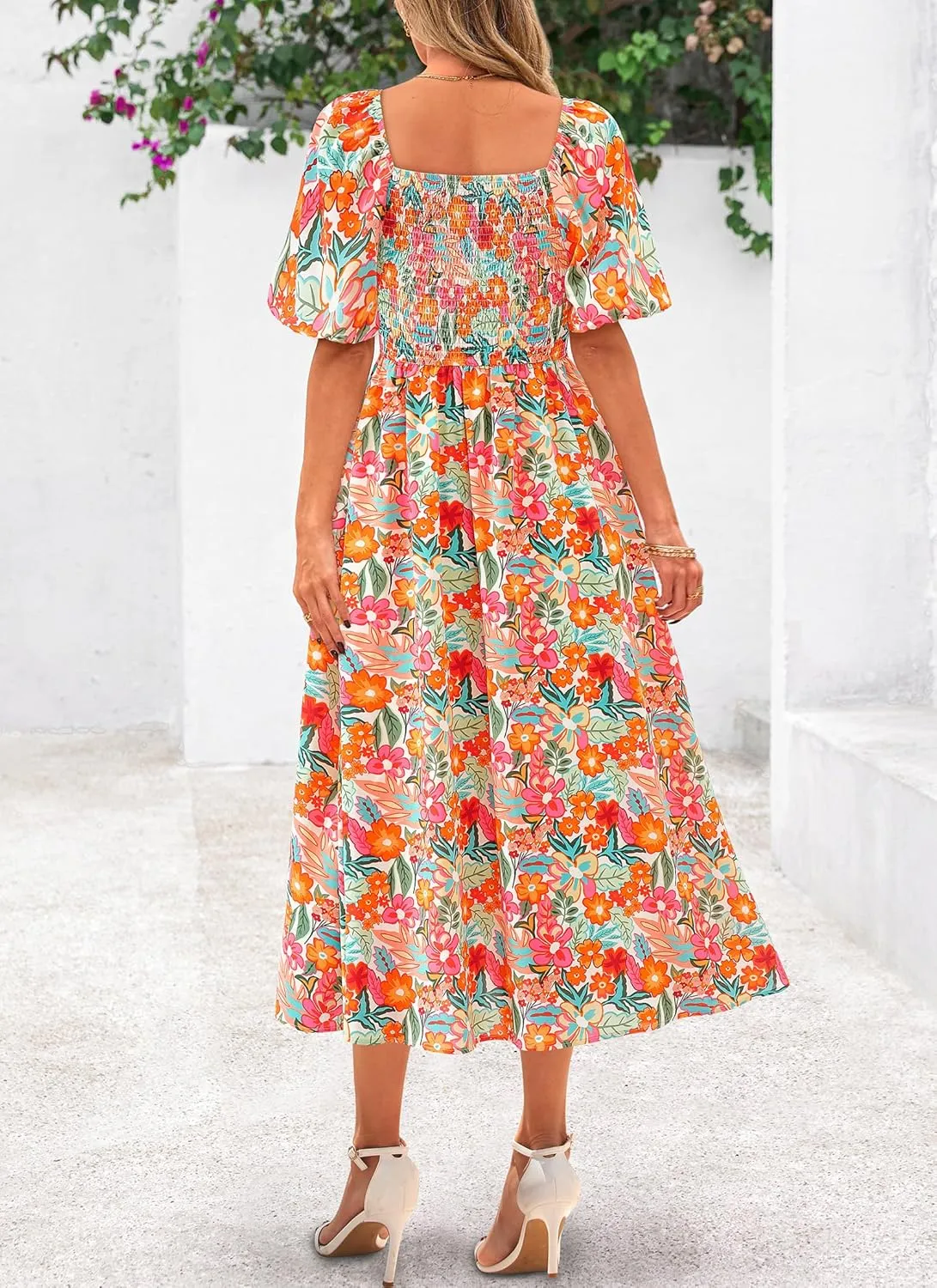 Okiwam Womens Summer Dresses 2025 Spring Floral Maxi Sundress Puff Sleeve Smocked Flowy Beach Vacation Wedding Guest Dress