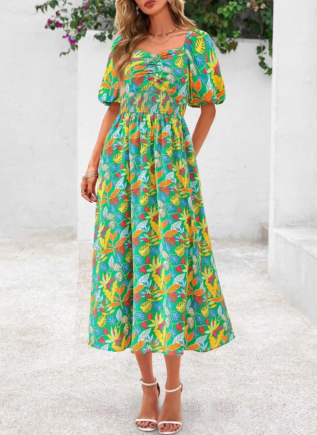 Okiwam Womens Summer Dresses 2025 Spring Floral Maxi Sundress Puff Sleeve Smocked Flowy Beach Vacation Wedding Guest Dress