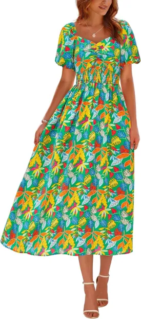 Okiwam Womens Summer Dresses 2025 Spring Floral Maxi Sundress Puff Sleeve Smocked Flowy Beach Vacation Wedding Guest Dress