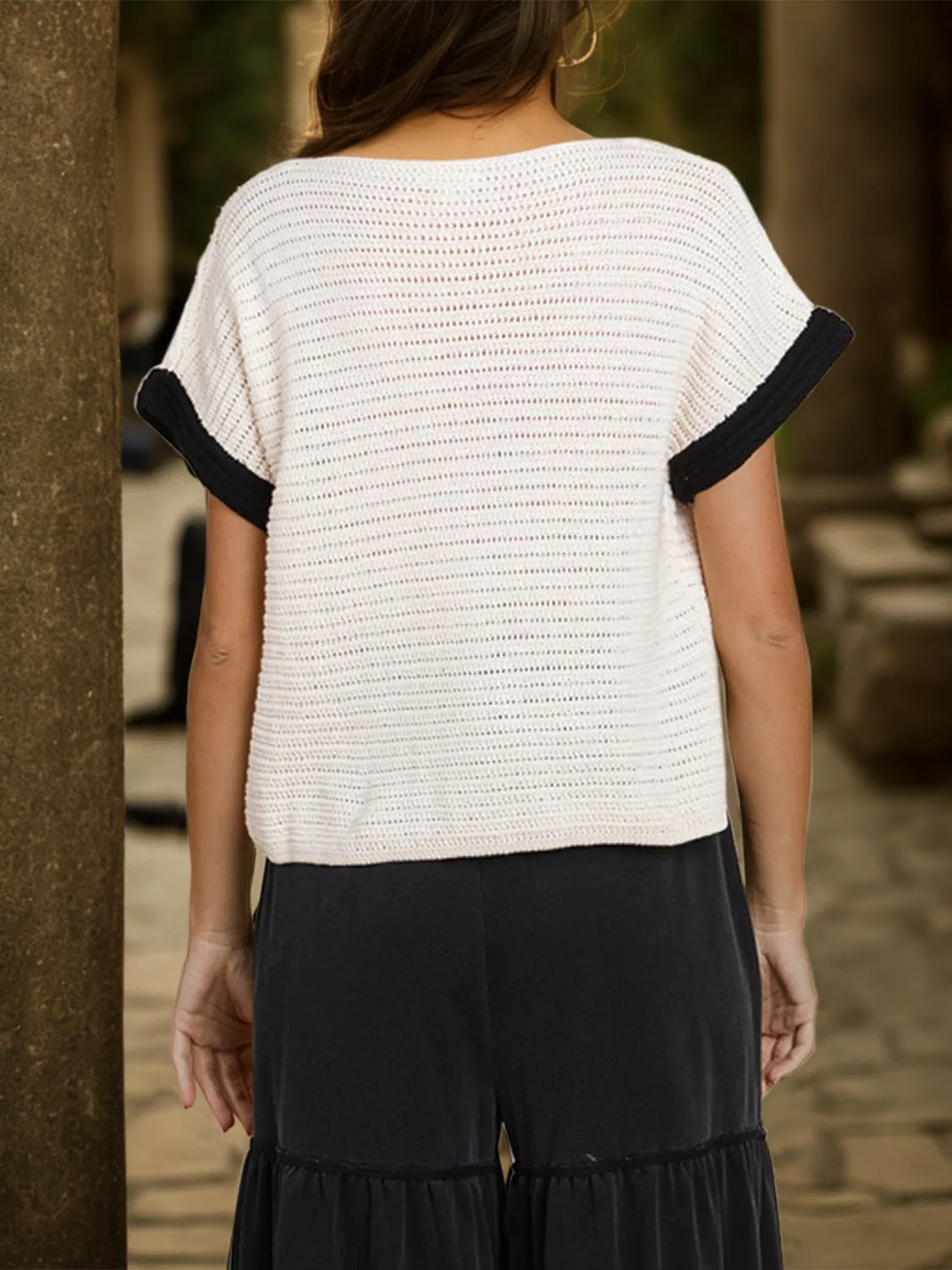 Openwork Flower Boat Neck Short Sleeve Knit Top