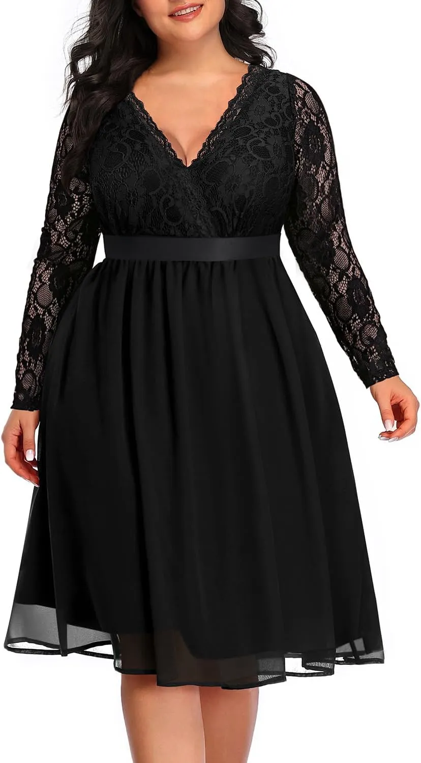 Pinup Fashion Plus Size Lace Chiffon Wrap V Neck Dresses Women Cocktail Wedding Guest Midi Dress