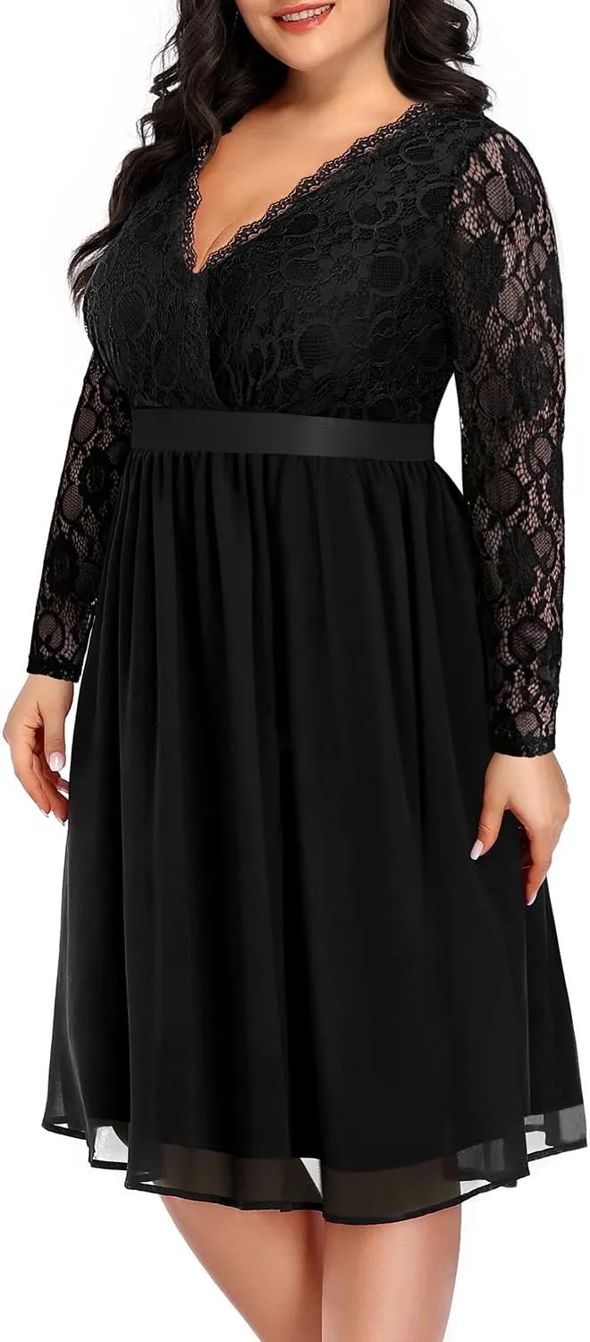 Pinup Fashion Plus Size Lace Chiffon Wrap V Neck Dresses Women Cocktail Wedding Guest Midi Dress