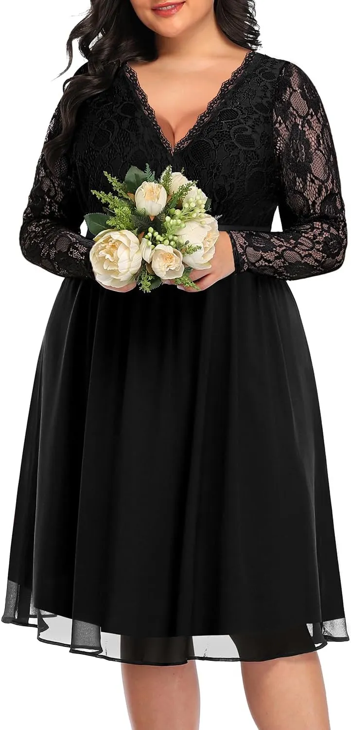 Pinup Fashion Plus Size Lace Chiffon Wrap V Neck Dresses Women Cocktail Wedding Guest Midi Dress