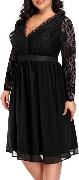 Pinup Fashion Plus Size Lace Chiffon Wrap V Neck Dresses Women Cocktail Wedding Guest Midi Dress