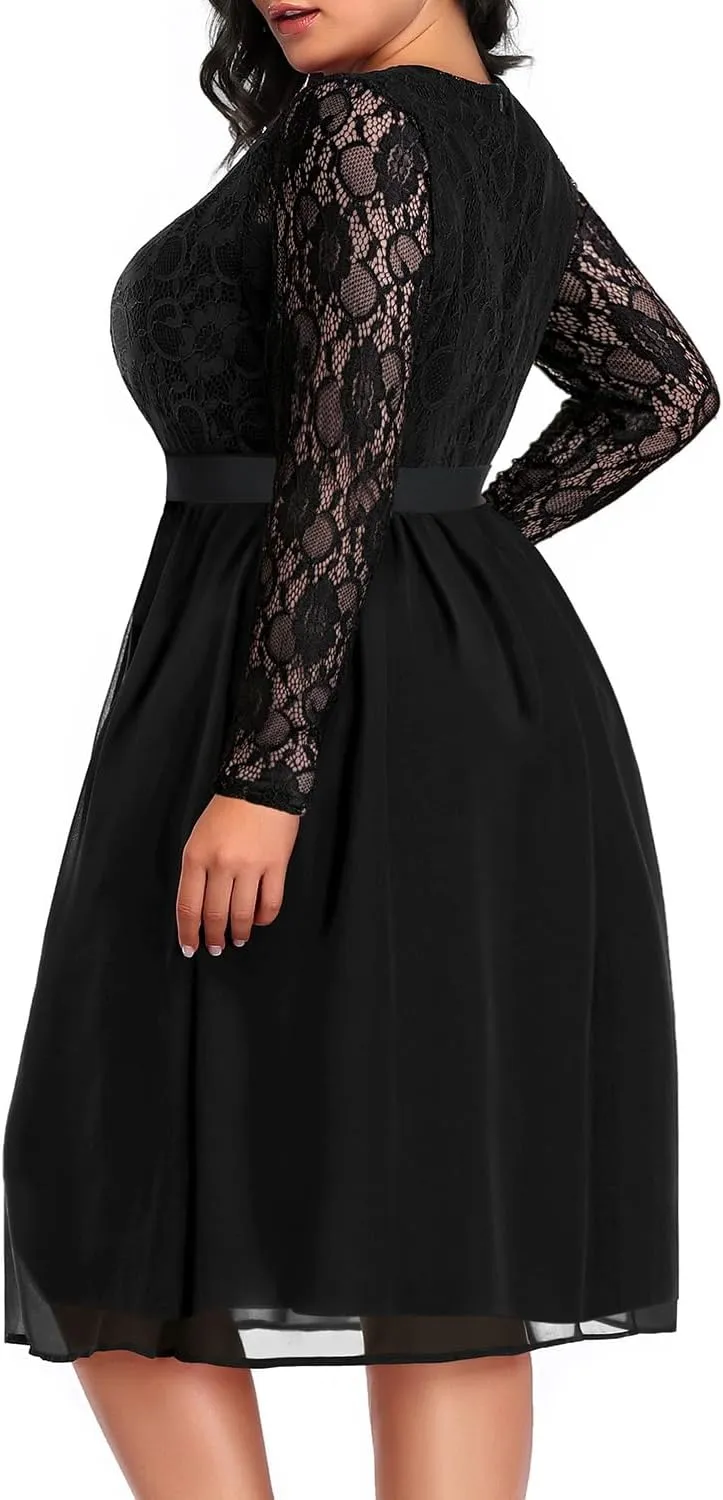 Pinup Fashion Plus Size Lace Chiffon Wrap V Neck Dresses Women Cocktail Wedding Guest Midi Dress