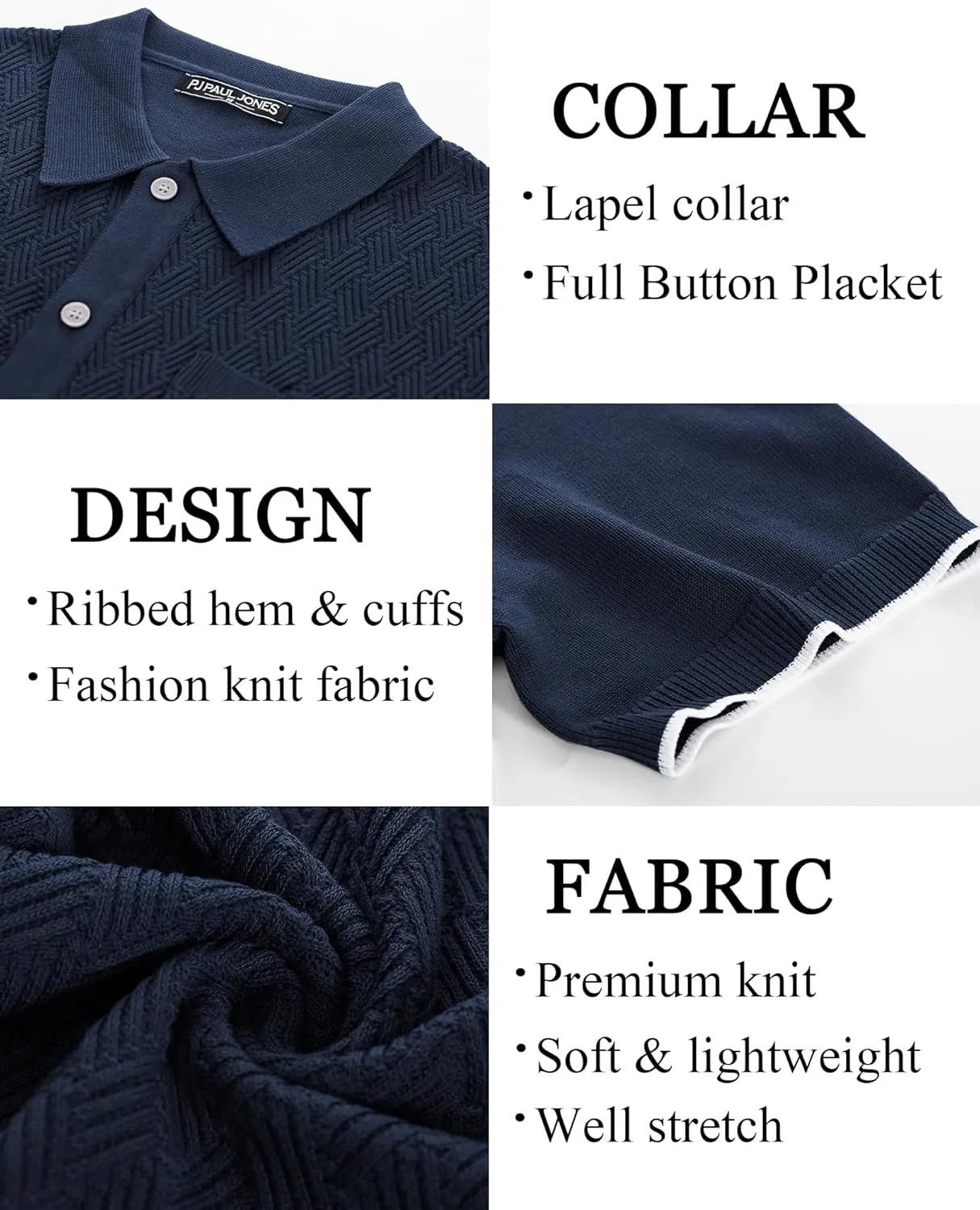PJ PAUL JONES Mens Polo Shirt Short Sleeve Casual Knit Textured Button Down Polo Shirts with Pocket