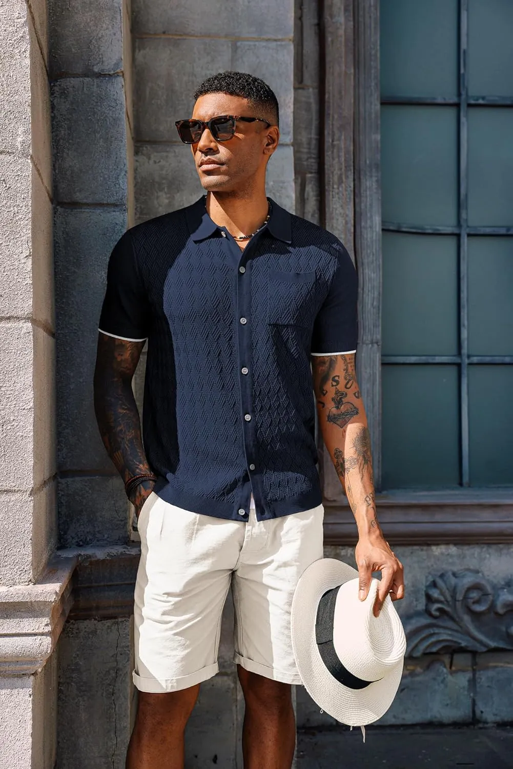 PJ PAUL JONES Mens Polo Shirt Short Sleeve Casual Knit Textured Button Down Polo Shirts with Pocket