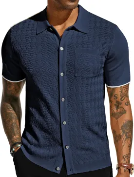 PJ PAUL JONES Mens Polo Shirt Short Sleeve Casual Knit Textured Button Down Polo Shirts with Pocket
