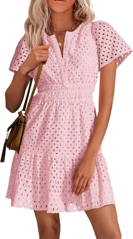 PRETTYGARDEN 2025 Women Summer Short Dress V Neck Short Sleeve A Line Hollow Out Lace Ruffle Cute Casual Beach Party Dresses